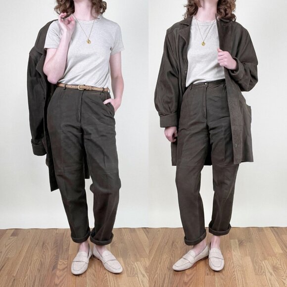 Vintage Suede Leather Matching Set Suit Oversized High Rise Long Unique Luxury - Picture 1 of 13